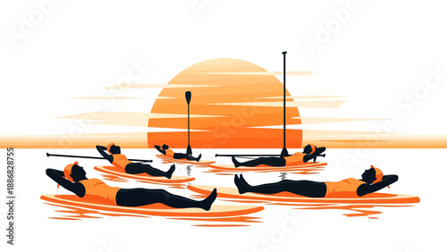 Relaxing Paddleboard Group Enjoying Sunset Floating On Calm Water Surface