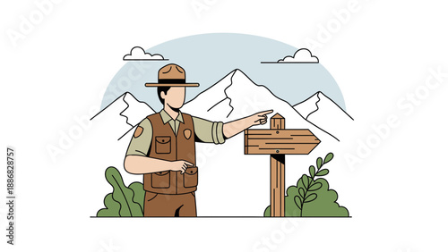 Ranger Pointing Direction at Wooden Sign in Nature Outdoor Adventure Guide