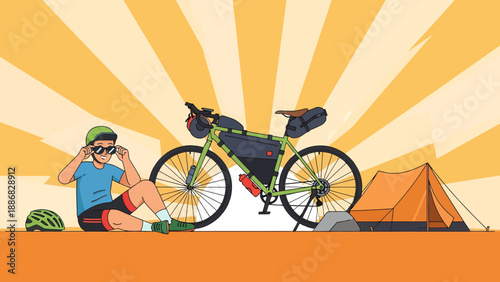 Relaxing Tourist With Bicycle Enjoying Camping Adventure in Nature