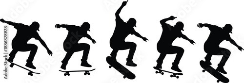 Collection of skateboarder silhouettes featuring a male athlete performing various extreme street tricks and jumping maneuvers isolated on white background for sports design