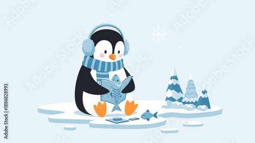 Reading Penguin With Scarf And Headset In Winter Landscape Background Illustration