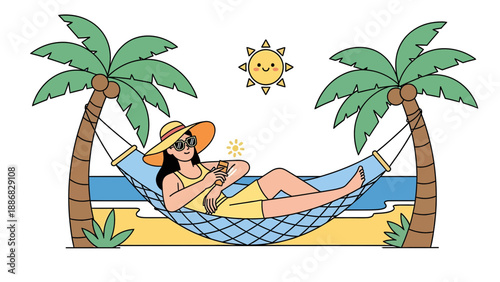 Relaxing Woman In Hammock Enjoying Sunny Day On Tropical Beach