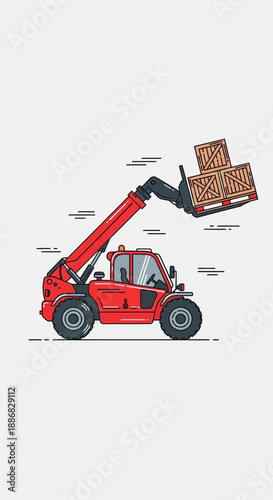 Red Telehandler Lifting Pallet With Wooden Crates In Logistics Warehouse Concept