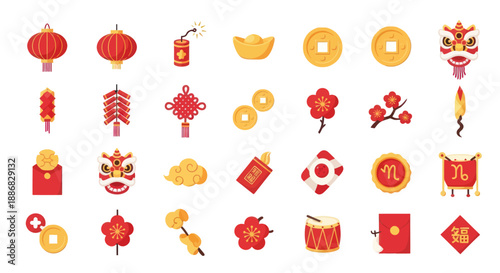 Chinese New Year Icons: Lanterns, Firecrackers, Gold, Lion Dance, Lucky Charms