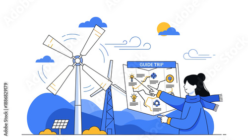 Renewable Energy Guide Trip with Wind Turbines and Solar Panel Illustration