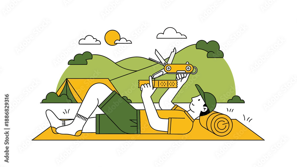 Fototapeta premium Relaxed Camper Repairing Gear In Nature On A Sunny Day Adventure Awaits
