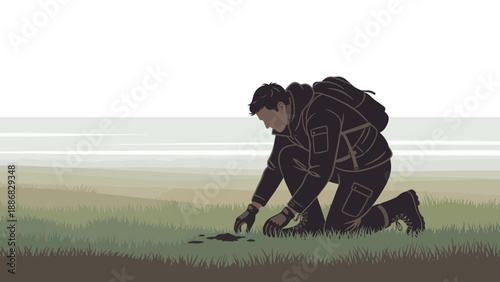 Researcher Investigating Soil Sample on Field Trip in Nature Scenery