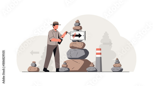 Revising Trail Directions Ranger Painting Sign on Stone Cairn Marker