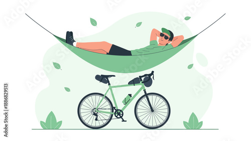 Relaxing After Cycling In A Hammock, Enjoying Nature On A Peaceful Vacation