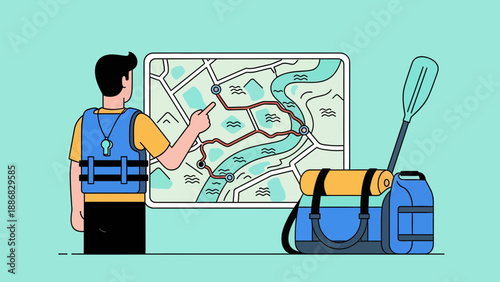 River Adventure Planning With Map Equipment And Person With Life Jacket Concept
