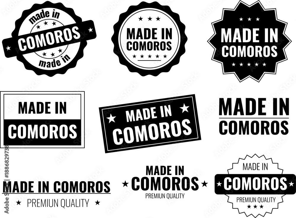 Fototapeta premium Labels and icons representing products made in Comoros for branding and marketing use