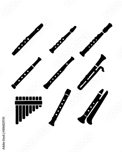 Flute and Recorder Silhouette Set – Woodwind Instrument Icons