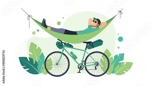 Relaxing Cyclist Enjoying Hammock After Bike Tour Amidst Nature's Tranquility