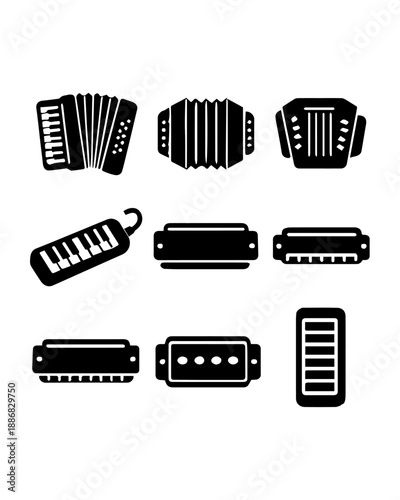 Free-Reed Aerophones Silhouette Set – Accordions, Harmonicas, Melodica