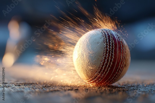 Cricket Ball Skidding on Pitch with Sparks and Motion Blur,Dynamic Close-Up of Cricket Ball During Intense Match,High-Speed Cricket Action with Ball Striking the Ground,Fast-Paced Cricket Match Moment
