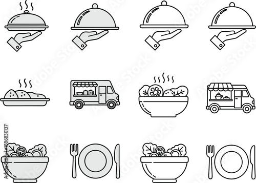 Black and white food with hands holding serving dishes and food trucks line serving dishes