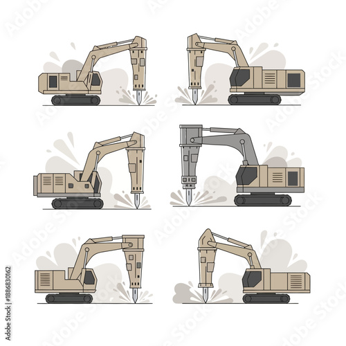Robust Construction Site Demolition Excavator Hydraulic Hammer Machines Vector Set Illustration