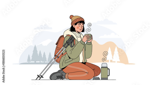 Relaxing Mountain Retreat: Woman Enjoying Warm Drink After Hiking Trip