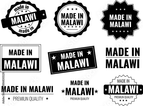Set of icons showing made in Malawi product emblems with various designs and styles