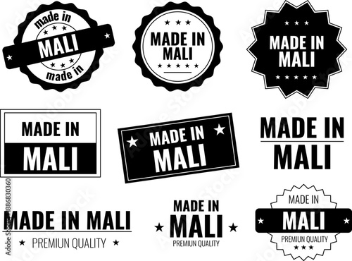 Icons set of made in Mali labels showing products from Mali in different designs and formats