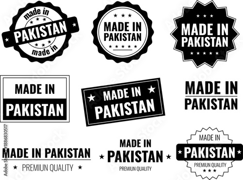 Set of made in Pakistan labels showing product quality and origin details in different styles