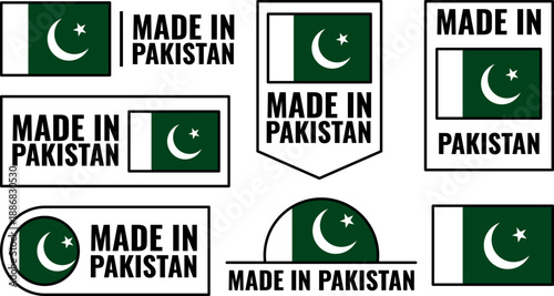 Icons set showing made in Pakistan product symbols with flag design for promotion