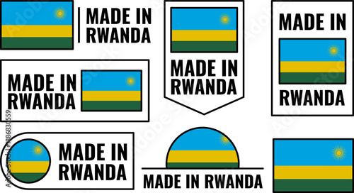 Showcasing made in Rwanda icons set featuring product emblems and national flag representation