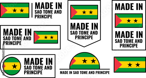 Icons representing products made in Sao Tome and Principe showcasing national colors and symbols