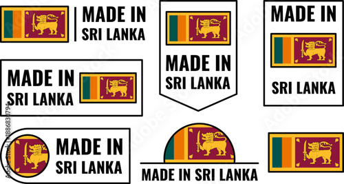 Set of icons showing Made in Sri Lanka product emblems with lion logo and flag design