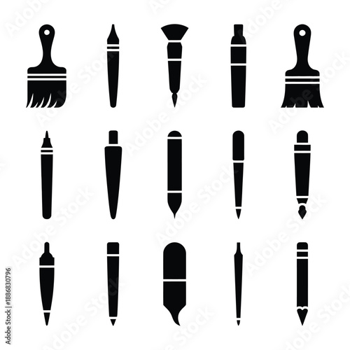Professional Art Supplies and Stationery Icon Set: Minimalist Black Silhouette Vector of Paint Brushes, Pens, Markers, and Pencils for Creative Design