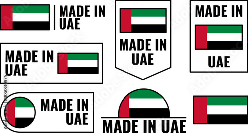 Icons of made in United Arab Emirates product emblem showcasing UAE flags in various designs