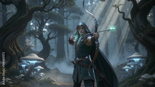 An elf archer man draws and aims a glowing arrow in a magical forest with luminous mushrooms. Fantasy video game concept for action adventure.