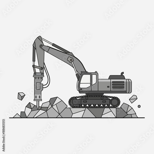 Robust Excavator Equipped With Hydraulic Breaker Demolishing Concrete And Rock Materials