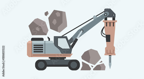 Robust Excavator Hydraulic Breaker Crushing Hard Rocks Construction Site Operations