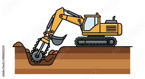 Robust Excavator With Chain Trencher Actively Digging Earthwork For Construction Projects
