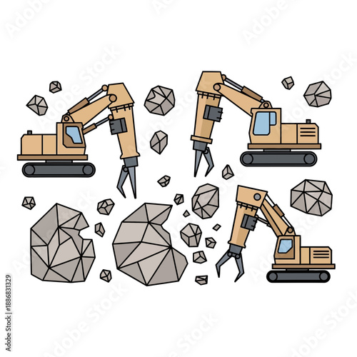 Robust Excavator Machinery With Grapple Attachment Operating On Diverse Rock Formations