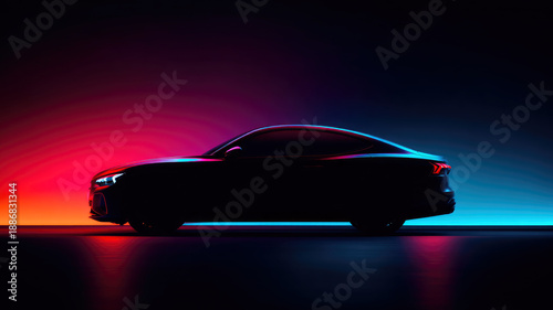 Sleek futuristic car silhouette with vibrant neon highlights in a dramatic low-light setting.