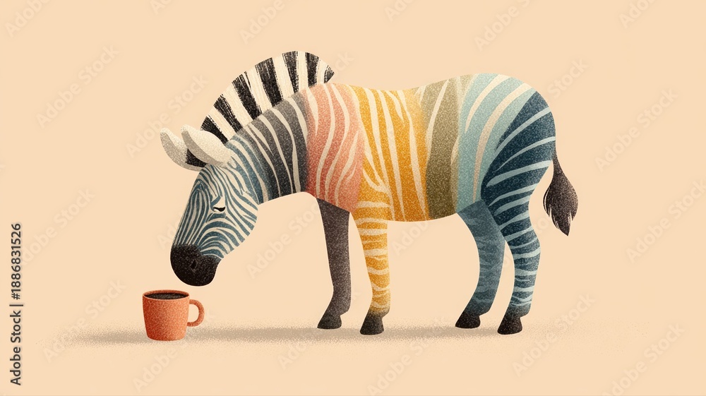 Fototapeta premium Whimsical Illustration of a Zebra Interacting with Coffee Cup