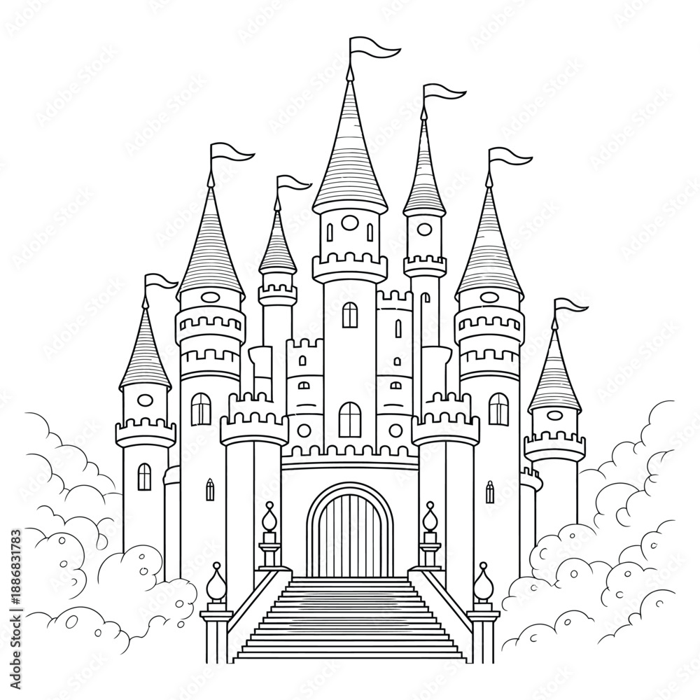 Fototapeta premium Magical Fairy Tale Castle Coloring Page – Majestic Medieval Fortress with Turrets and Flags