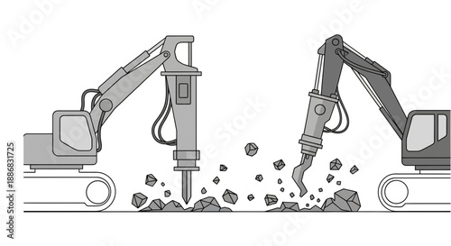 Robust Hydraulic Breaker Excavators Dynamically Demolishing Surfaces For Site Preparation Work