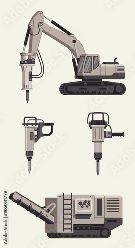 Robust Industrial Construction And Demolition Equipment Vector Set For Heavy Work Sites