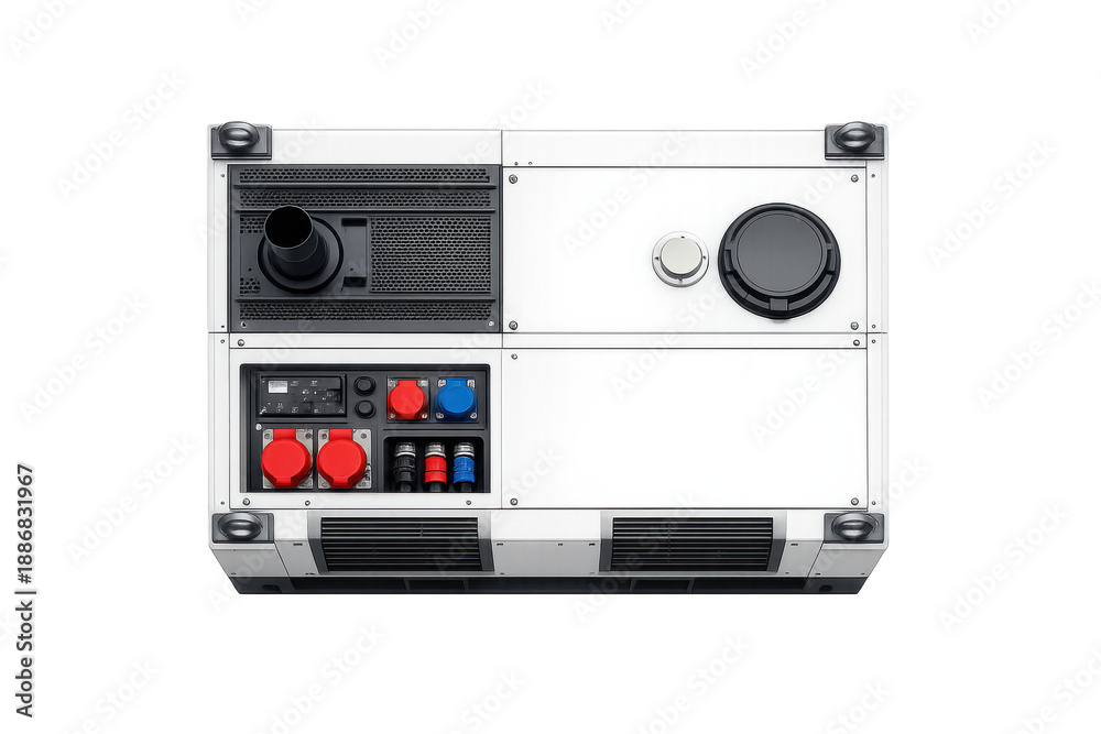 Fototapeta premium Modern portable generator with multiple outlets and control panel, top view