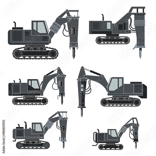 Robust Industrial Hydraulic Breaker Excavator Equipment Vector Illustration Set