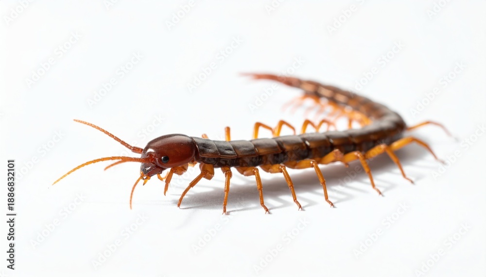 Fototapeta premium Centipede Insect Closeup on White Background.