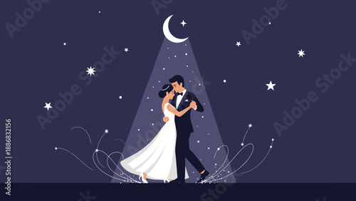 Romantic Wedding Dance Under Moonlight With Stars In The Night Sky