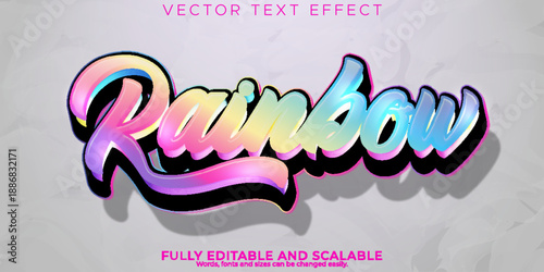 Rainbow colorful text with black outline on gray background