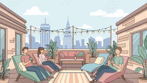 Rooftop Relaxation Friends Enjoying Drinks Cityscape Backdrop Lounging Chairs