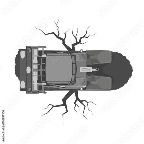 Rugged Armored Vehicle Overhead View Amidst Barren Roots On Desolate Terrain