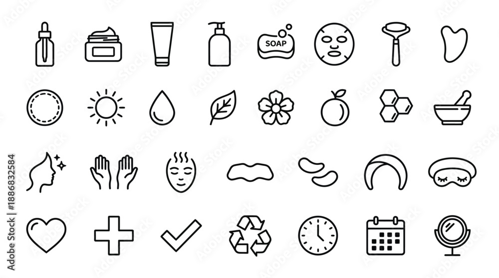 Fototapeta premium Collection of black line icons for health beauty and wellness concepts on white background