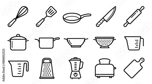 Kitchen utensils and cooking tools icons set including whisk spatula frying pan knife rolling pin pots blender toaster cutting board